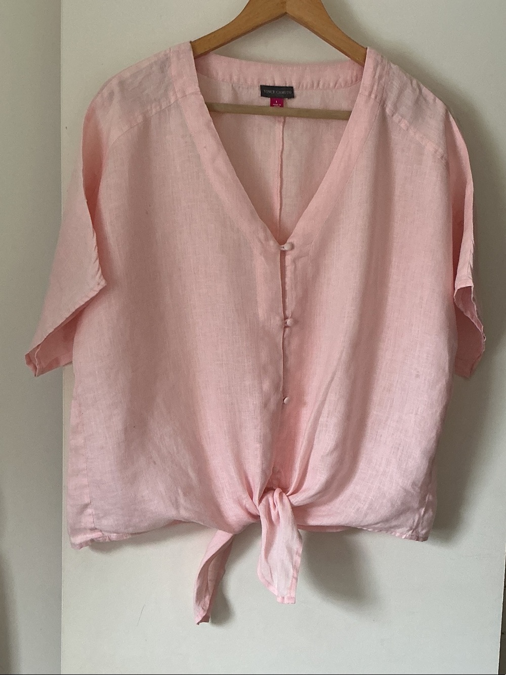 VINCE CAMUTO M Pink Linen Tie-Front V-Neck Top